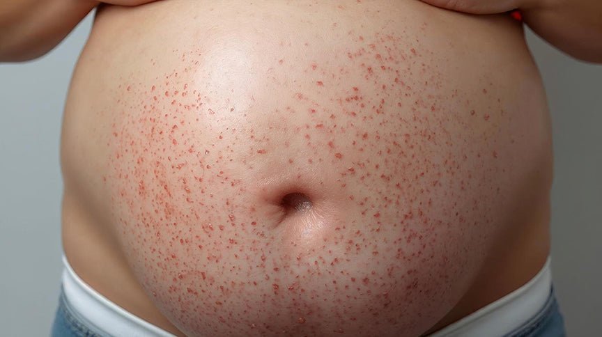 Pregnant woman with puppp rash covering her belly.